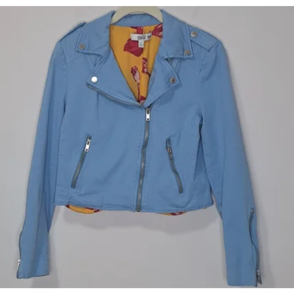 COLOR ME COURTNEY Dennis Biker Jacket 10 Blue Moto Bomber Zip Coat Blazer crop - Picture 6 of 8